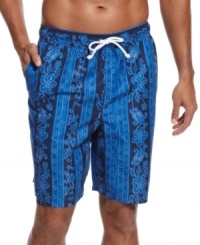 Designed for fun. Get in the right state of mind with these playful swim trunks from Club Room. Designed for fun. Get in the right state of mind with these playful swim trunks from Club Room.