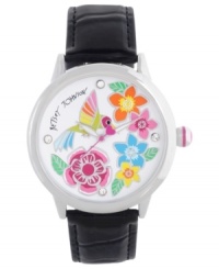 Watch time fly with this darling hummingbird-designed watch from Betsey Johnson. Watch time fly with this darling hummingbird-designed watch from Betsey Johnson.