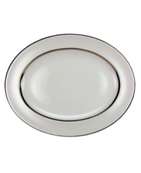 Set the table with elegance. A slightly textured pearlescent and platinum border melds with creamy white bone china to bring grace and style to any decor. Set the table with elegance. A slightly textured pearlescent and platinum border melds with creamy white bone china to bring grace and style to any decor.