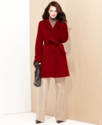 Anne Klein's cozy coat mixes warm wool with luxurious cashmere for a soft touch. A self-tied belt defines the waist of this classic silhouette. Anne Klein's cozy coat mixes warm wool with luxurious cashmere for a soft touch. A self-tied belt defines the waist of this classic silhouette.