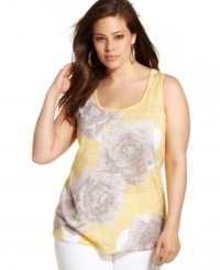 A refreshing floral-print brightens up INC's sleeveless plus size top for a season-perfect look. A refreshing floral-print brightens up INC's sleeveless plus size top for a season-perfect look.