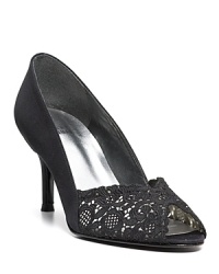A luxe mix of lace and rhinestones gives Stuart Weitzman's peeptoe pumps a heady dose of glamour--and we can't wait to take them dancing. A luxe mix of lace and rhinestones gives Stuart Weitzman's peeptoe pumps a heady dose of glamour--and we can't wait to take them dancing.