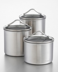 Oval-shaped canisters with stainless steel brushed finish, 1.0mm thick. Small holds 2 quarts; medium, 2.5; large, 3. Tempered glass cover with airtight seal. Calphalon® logo plate is stamped to each piece. Oval-shaped canisters with stainless steel brushed finish, 1.0mm thick. Small holds 2 quarts; medium, 2.5; large, 3. Tempered glass cover with airtight seal. Calphalon® logo plate is stamped to each piece.