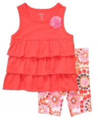 From top to bottom. Ruffles and a pretty pattern combine perfectly to keep her comfortable and stylish in this shirt and legging set from Carter's. From top to bottom. Ruffles and a pretty pattern combine perfectly to keep her comfortable and stylish in this shirt and legging set from Carter's.