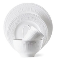 This collection of classic white, patterned dinnerware and serveware is remarkable for its ability to coordinate with a variety of table linen and flatware patterns. This collection of classic white, patterned dinnerware and serveware is remarkable for its ability to coordinate with a variety of table linen and flatware patterns.