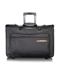 Look smart, feel smart, act smart. Add to your business credibility with the sophisticated and conservative appeal of this durable garment bag. Opening to reveal a universal hanger bracket, multiple organizer pockets and tie down straps, this rolling bag keeps your business attire wrinkle-free, keeping you on top of affairs at all times. Tumi quality assurance. Look smart, feel smart, act smart. Add to your business credibility with the sophisticated and conservative appeal of this durable garment bag. Opening to reveal a universal hanger bracket, multiple organizer pockets and tie down straps, this rolling bag keeps your business attire wrinkle-free, keeping you on top of affairs at all times. Tumi quality assurance.