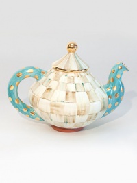 This unique serving piece, in hand-painted terra cotta with color-dragged checks and lustred gold accents, is a charmingly cheery addition to your tea party.Ceramic with golden lustre12 X 8.564 oz. capacityHand washMade in the USA This unique serving piece, in hand-painted terra cotta with color-dragged checks and lustred gold accents, is a charmingly cheery addition to your tea party.Ceramic with golden lustre12 X 8.564 oz. capacityHand washMade in the USA