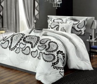 Chic Home 8-Piece Taj Flocked Paisley Comforter Set, Queen, Black/White