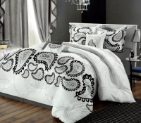 Chic Home 8-Piece Taj Flocked Paisley Comforter Set, Queen, Black/White Chic Home 8-Piece Taj Flocked Paisley Comforter Set, Queen, Black/White