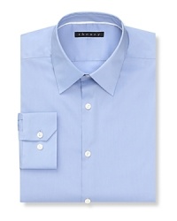 Solid dress shirt with spread collar, two button mitered cuffs. Contemporary fit through the body. Solid dress shirt with spread collar, two button mitered cuffs. Contemporary fit through the body.