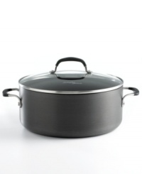 Consistent heat from the hard-anodized aluminum core coupled with a superior nonstick interior and exterior gives this covered dutch oven cooking credibility. Its oversized unique vessel shape and glossy black enamel exterior take it from the oven to the table. 10-year warranty. Consistent heat from the hard-anodized aluminum core coupled with a superior nonstick interior and exterior gives this covered dutch oven cooking credibility. Its oversized unique vessel shape and glossy black enamel exterior take it from the oven to the table. 10-year warranty.