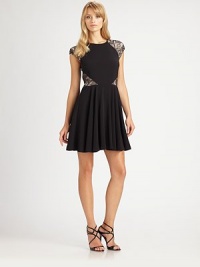 Lovely lace insets add a romantic look to this crepe dress with a touch of stretch for a flawless fit.Round neckCap sleevesLace insetsFlared skirtConcealed back zipperFully linedAbout 35 from natural waistBody: polyester/spandexLace: nylonDry cleanImportedSIZE & FIT Model shown is 5'10½ (179cm) wearing a US size 4. Lovely lace insets add a romantic look to this crepe dress with a touch of stretch for a flawless fit.Round neckCap sleevesLace insetsFlared skirtConcealed back zipperFully linedAbout 35 from natural waistBody: polyester/spandexLace: nylonDry cleanImportedSIZE & FIT Model shown is 5'10½ (179cm) wearing a US size 4.