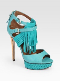 Pebbled leather confection with adjustable straps, suede fringe and a back zipper, elevated by a uniquely braided platform. Self-covered heel, 5 (125mm)Braided leather platform, 1 (25mm)Compares to a 4 heel (100mm)Suede and leather upperLeather lining and solePadded insoleImportedOUR FIT MODEL RECOMMENDS ordering one half size up as this style runs small. Pebbled leather confection with adjustable straps, suede fringe and a back zipper, elevated by a uniquely braided platform. Self-covered heel, 5 (125mm)Braided leather platform, 1 (25mm)Compares to a 4 heel (100mm)Suede and leather upperLeather lining and solePadded insoleImportedOUR FIT MODEL RECOMMENDS ordering one half size up as this style runs small.