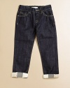 Distressed medium-wash denim can be rolled up for a new look with check cuffs.Zip fly with waist-button closure Elastic waist Five-pocket style Back leather logo patch 98% cotton/2% elastane Machine wash Imported