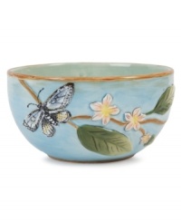A charming part of any casual landscape, this fanciful Toulouse bowl from Fitz and Floyd is brimming with life, from its sculpted blooms and twig edge to colorful butterflies. A charming part of any casual landscape, this fanciful Toulouse bowl from Fitz and Floyd is brimming with life, from its sculpted blooms and twig edge to colorful butterflies.