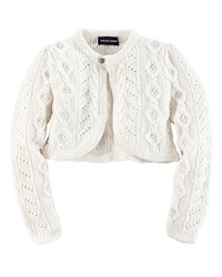 A pretty shrug is rendered in soft pointelle knit and features a jeweled button. A pretty shrug is rendered in soft pointelle knit and features a jeweled button.