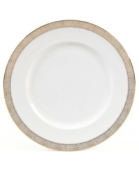 Like fine mesh ribbons, a crisscross of gold bands with platinum accents create this delightfully rustic pattern on the Gilded Weave dinner plates from Vera Wang. A beautiful way to bring homespun charm to formal events or exquisite style to every meal. Like fine mesh ribbons, a crisscross of gold bands with platinum accents create this delightfully rustic pattern on the Gilded Weave dinner plates from Vera Wang. A beautiful way to bring homespun charm to formal events or exquisite style to every meal.