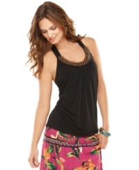 Rich wooden beading touches on Brasilian influences making this Calvin Klein tank a perfect contrast to a bold print! Rich wooden beading touches on Brasilian influences making this Calvin Klein tank a perfect contrast to a bold print!