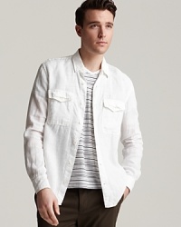 A casual spring staple, the light linen sport shirt is accented with vented chest button pockets. A casual spring staple, the light linen sport shirt is accented with vented chest button pockets.