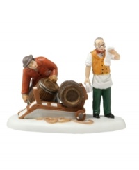 Intricately crafted in fine porcelain, this collectible figurine from Department 56 depicts a pub owner checking his shipping list as an employee lifts barrels onto a hand cart fashioned straight out of the 19th century. Intricately crafted in fine porcelain, this collectible figurine from Department 56 depicts a pub owner checking his shipping list as an employee lifts barrels onto a hand cart fashioned straight out of the 19th century.