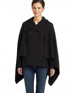 THE LOOKPoncho silhouetteNotched lapelButton closureDraped sidesDual welt pocketsLong sleeves with ribbed knit panelTHE FITAbout 25 from shoulder to hemTHE MATERIALBody: wool/viscose/cashmereSecond fabric: acrylic/woolFully linedCARE & ORIGINDry cleanImportedModel shown is 5'8 (172½cm) wearing US size Small. 