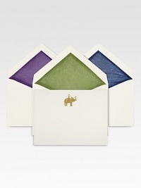 A hand-engraved, metallic silver elephant motif adorns these luxe 2-ply vellum stock notecards, which are accompanied by tissue-lined envelopes in three different colors, and presented in a Mrs. John L. Strong signature brown box.Set of 12About 4.5 X 6Hand-engravedMade in USA