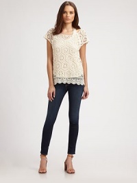 Floral crochet and scalloped hem add feminine appeal to this semi-sheer confection. BoatneckShort sleevesScalloped hem50% pima cotton/50% modalDry cleanMade in USAModel shown is 5'10 (177cm) wearing US size XSmall/Small. Floral crochet and scalloped hem add feminine appeal to this semi-sheer confection. BoatneckShort sleevesScalloped hem50% pima cotton/50% modalDry cleanMade in USAModel shown is 5'10 (177cm) wearing US size XSmall/Small.