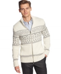 Handsomely modish is this classic fairisle full zip sweater by Calvin Klein. Handsomely modish is this classic fairisle full zip sweater by Calvin Klein.