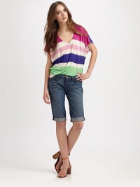 Bold, multicolored stripes enliven this ultra-soft jersey v-neck with short dolman sleeves and a hi-low hem. V-neckDropped shouldersShort dolman sleevesHi-low hemMicro modalHand washMade in USAModel shown is 5'10 (177cm) wearing US size Small. Bold, multicolored stripes enliven this ultra-soft jersey v-neck with short dolman sleeves and a hi-low hem. V-neckDropped shouldersShort dolman sleevesHi-low hemMicro modalHand washMade in USAModel shown is 5'10 (177cm) wearing US size Small.