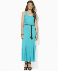 Lauren by Ralph Lauren's sleek jersey maxi dress is crafted with a modern racerback, a chic full skirt and a belt. Lauren by Ralph Lauren's sleek jersey maxi dress is crafted with a modern racerback, a chic full skirt and a belt.