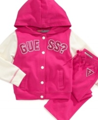 Add some sparkle to her every move wit this glam-goes-active hoodie and pant set from Guess. Add some sparkle to her every move wit this glam-goes-active hoodie and pant set from Guess.