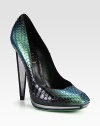 An iridescent watersnake pump with a mirrored platform and heel for modern appeal. Mirrored heel, 5¼ (130mm)Mirrored platform, ¾ (20mm)Compares to a 4½ heel (115mm)Watersnake upperSquare toeLeather lining and solePadded insoleMade in Italy