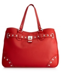 An edgy design sure to turn more than a few heads. The Lock of the Draw Shopper from Nine West showcases high-shine silvertone hardware, bold studded detailing and a signature lock charm at front. An edgy design sure to turn more than a few heads. The Lock of the Draw Shopper from Nine West showcases high-shine silvertone hardware, bold studded detailing and a signature lock charm at front.