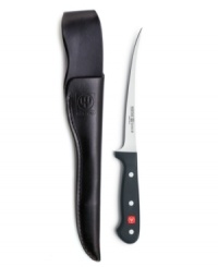 Get some game! Perfect for the outdoors, this durable knife serves up expertly sliced fish, meat and game and stores neatly in the rustic leather sheath. The extra-thin forged stainless steel blade maneuvers around bones and cartilage for a masterful cut above the rest. Lifetime warranty. Get some game! Perfect for the outdoors, this durable knife serves up expertly sliced fish, meat and game and stores neatly in the rustic leather sheath. The extra-thin forged stainless steel blade maneuvers around bones and cartilage for a masterful cut above the rest. Lifetime warranty.