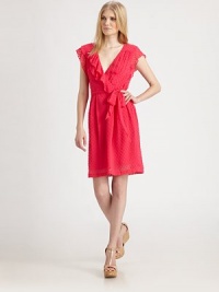 Pretty swiss-dot chiffon shaped with ruffled trim and a shapely wrap-front waist.Crossover V necklineRuffled shoulder trimSelf-beltBack yokeAbout 20 from natural waistPolyesterDry cleanMade in USA of imported fabricModel shown is 5'10 (177cm) wearing US size 4. Pretty swiss-dot chiffon shaped with ruffled trim and a shapely wrap-front waist.Crossover V necklineRuffled shoulder trimSelf-beltBack yokeAbout 20 from natural waistPolyesterDry cleanMade in USA of imported fabricModel shown is 5'10 (177cm) wearing US size 4.