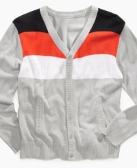 A colorblocked wonder with a splash of happy color. This Sean John cardigan will add a fresh dose of preppy to his wardrobe. A colorblocked wonder with a splash of happy color. This Sean John cardigan will add a fresh dose of preppy to his wardrobe.