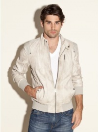 GUESS Twill-Trim Faux-Leather Bomber Jacket GUESS Twill-Trim Faux-Leather Bomber Jacket