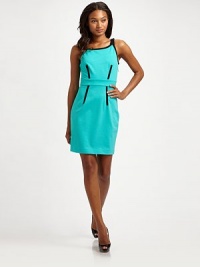 Sharp contrast piping and buckled shoulder straps create modern interest on this figure-flattering shape.Piped round neckline Buckled shoulder straps Contrast piped waist darts, front and back Banded waist Side zipper About 18½ from shoulder to hem 69% rayon/26% nylon/5% spandex Dry clean Imported Sharp contrast piping and buckled shoulder straps create modern interest on this figure-flattering shape.Piped round neckline Buckled shoulder straps Contrast piped waist darts, front and back Banded waist Side zipper About 18½ from shoulder to hem 69% rayon/26% nylon/5% spandex Dry clean Imported