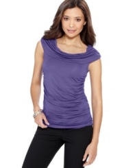 A draped cowl neck and ruching adds feminine flair to this T Tahari top -- a stylish spring staple! A draped cowl neck and ruching adds feminine flair to this T Tahari top -- a stylish spring staple!