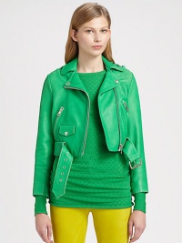 Covetable cropped leather jacket of soft pebbled leather. Notched collarEpauletsSnap closures; front zipperLong sleevesZippered cuffsZippered slash pocketsButtoned flap pocketBelted hemAbout 16 from shoulder to hemBody: LeatherTrim: Viscose/cottonDry clean with leather specialistImportedSIZE & FITModel shown is 5'10 (177cm) wearing US size 4. Covetable cropped leather jacket of soft pebbled leather. Notched collarEpauletsSnap closures; front zipperLong sleevesZippered cuffsZippered slash pocketsButtoned flap pocketBelted hemAbout 16 from shoulder to hemBody: LeatherTrim: Viscose/cottonDry clean with leather specialistImportedSIZE & FITModel shown is 5'10 (177cm) wearing US size 4.