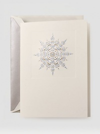 The beauty of a snowy evening, from the purple glow in the sky to the tiny flakes blanketing the ground, is conveyed in this snow white card engraved with a platinum and pale blue snow star. Inside reads Season's Greetings, engraved in platinum. Set of 10 cards5.5 X 7.38Made in USA The beauty of a snowy evening, from the purple glow in the sky to the tiny flakes blanketing the ground, is conveyed in this snow white card engraved with a platinum and pale blue snow star. Inside reads Season's Greetings, engraved in platinum. Set of 10 cards5.5 X 7.38Made in USA