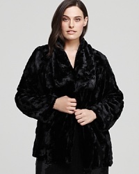 Add a layer of decadence to your winter wardrobe in this Karen Kane faux fur jacket--a quick glamour fix day or night. Add a layer of decadence to your winter wardrobe in this Karen Kane faux fur jacket--a quick glamour fix day or night.
