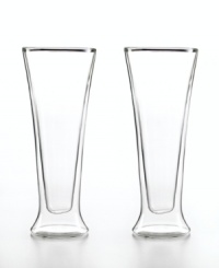 Double-duty drinkware. This set of Luigi Bormioli's Duos pilsner drinking glasses features two layers of glass blown together for a cool floating look, smart insulation and lasting durability. The innovative design keeps hot drinks hot-but not too much to handle-and your favorite beer cold without making the glass sweat. Double-duty drinkware. This set of Luigi Bormioli's Duos pilsner drinking glasses features two layers of glass blown together for a cool floating look, smart insulation and lasting durability. The innovative design keeps hot drinks hot-but not too much to handle-and your favorite beer cold without making the glass sweat.