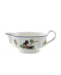 The Cottage Inn gravy boat is a colorful addition to the sophisticated table. Lush, dancing clusters of ripened blueberries, raspberries and cherries are a stunning contrast on creamy white porcelain and lend every meal a touch of traditional elegance. The Cottage Inn gravy boat is a colorful addition to the sophisticated table. Lush, dancing clusters of ripened blueberries, raspberries and cherries are a stunning contrast on creamy white porcelain and lend every meal a touch of traditional elegance.