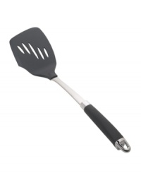 Totally turn things around in the kitchen! Food prep gets a precision edge with a sleek slotted turner that combines a silicone SureGrip handle and durable stainless steel for comfort and strength that bring even more meals to the table. Totally turn things around in the kitchen! Food prep gets a precision edge with a sleek slotted turner that combines a silicone SureGrip handle and durable stainless steel for comfort and strength that bring even more meals to the table.