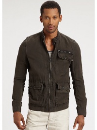 Rugged yet refined, its all in the details with this seasonal outerwear option, featuring zipper accents and buttoned flap pockets, garment dyed in a lightweight linen and cotton blend.Zip frontStand collarChest, waist flap pocketsBanded cuffs and hemAbout 28 from shoulder to hem55% linen/45% cottonDry cleanImported Rugged yet refined, its all in the details with this seasonal outerwear option, featuring zipper accents and buttoned flap pockets, garment dyed in a lightweight linen and cotton blend.Zip frontStand collarChest, waist flap pocketsBanded cuffs and hemAbout 28 from shoulder to hem55% linen/45% cottonDry cleanImported