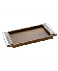 Arthur Court gives your table a stylish edge with the Perla serving tray. Dark acacia wood with raised sides to minimize messes and beaded aluminum handles make it a cocktail party favorite. Arthur Court gives your table a stylish edge with the Perla serving tray. Dark acacia wood with raised sides to minimize messes and beaded aluminum handles make it a cocktail party favorite.