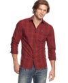 Heathering adds a soft touch to this preppy plaid shirt from Kenneth Cole New York. (Clearance)