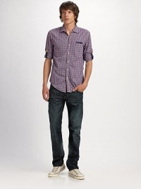 Intense hand-sanding adds a broken-in look to slim-fitting, 12.5-ounce stretch Japanese denim. Whiskering at the front and back of the knee adds allover dimension. Five-pocket style Signature back pocket embroidery Inseam, about 33 98% cotton/2% spandex Machine wash Made in USA Intense hand-sanding adds a broken-in look to slim-fitting, 12.5-ounce stretch Japanese denim. Whiskering at the front and back of the knee adds allover dimension. Five-pocket style Signature back pocket embroidery Inseam, about 33 98% cotton/2% spandex Machine wash Made in USA