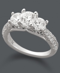 Two full carats worth of sparkle! This exquisite three-stone ring features certified round-cut diamonds (2 ct. t.w.) at center and at the shoulders. Set in 18k white gold. Two full carats worth of sparkle! This exquisite three-stone ring features certified round-cut diamonds (2 ct. t.w.) at center and at the shoulders. Set in 18k white gold.